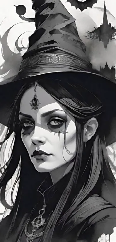 Monochrome illustration of a mystical witch with ornate hat and gothic elements.