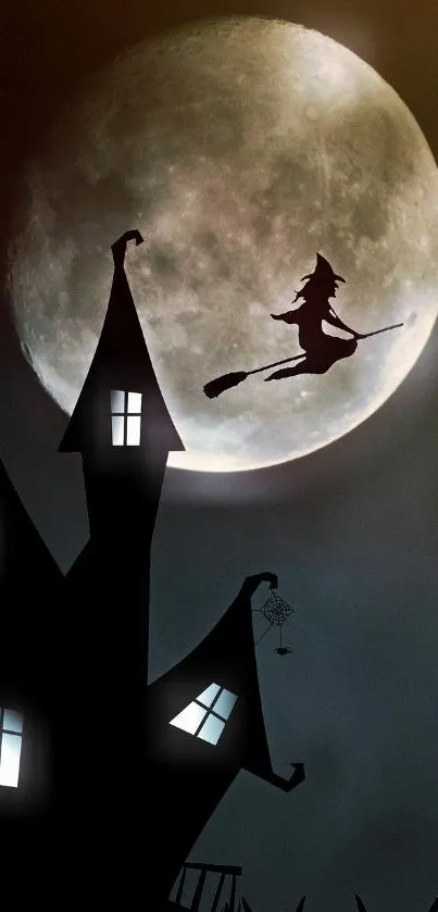 Silhouette of a witch flying across a full moon with a spooky house in foreground.