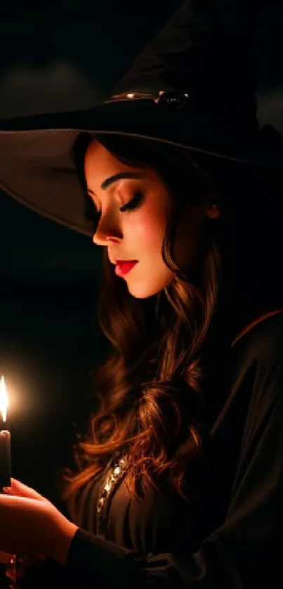 Mystical witch holding a candle casting an enchanting glow in the darkness.