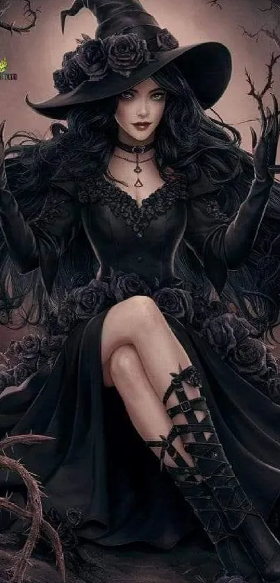 Mystical witch in gothic attire with enchanting aura.