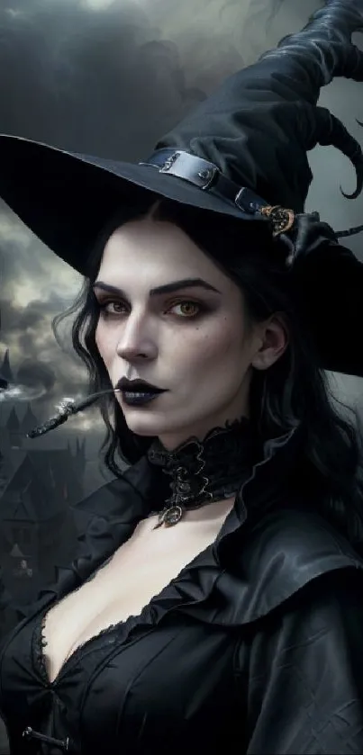 Mystical gothic witch with black hat in a dark fantasy setting.