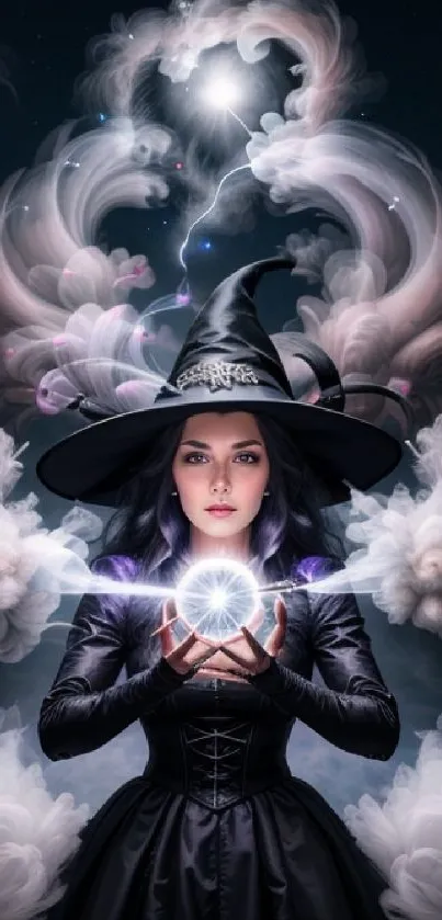 Mystical fantasy witch with glowing orb and swirling clouds.