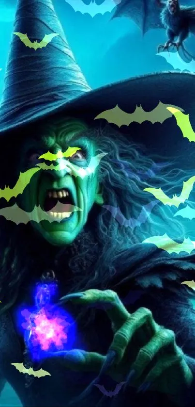 Fantasy witch with green skin and pointed hat in dark magical setting.