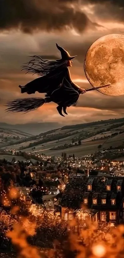 Witch flying across full moon on a starry night.