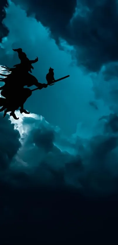 Silhouette of witch flying through dark, clouded night sky.