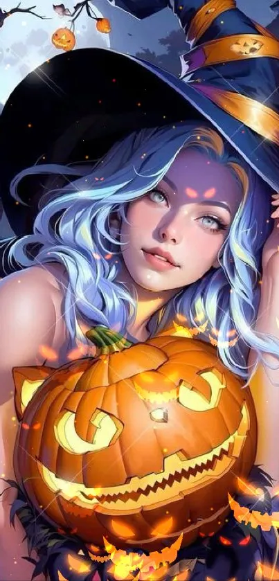 Mystical blue-haired witch with pumpkin