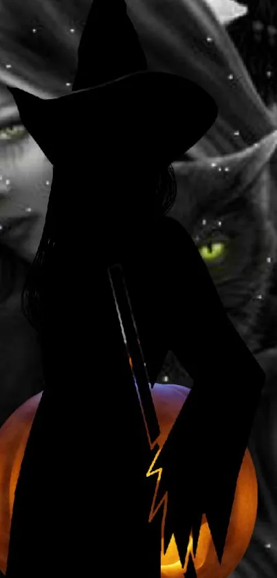 Silhouette of a witch with glowing eyes on a spooky Halloween background.