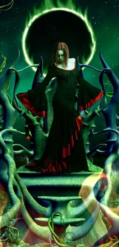 Mystical witch in emerald forest with green eclipse.