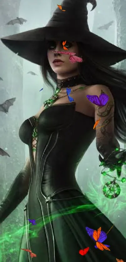 Witch in black dress with colorful butterflies in a forest setting.