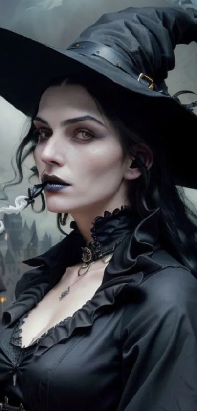 Gothic witch in mystical attire with smoky background, ideal for fantasy themes.