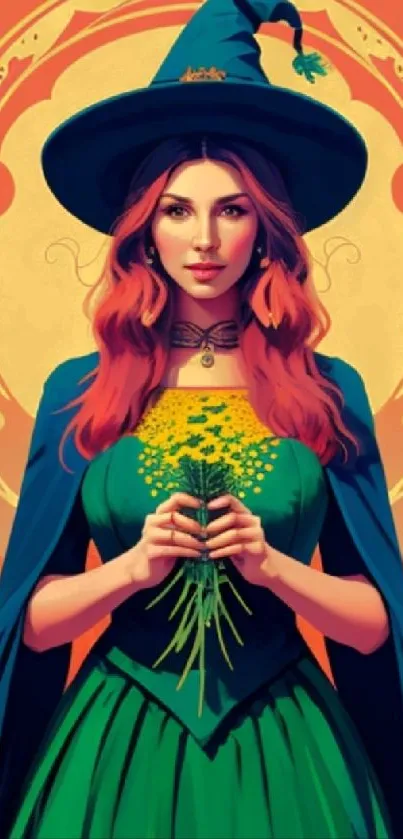 Mystical witch in a green dress holding flowers with orange background.