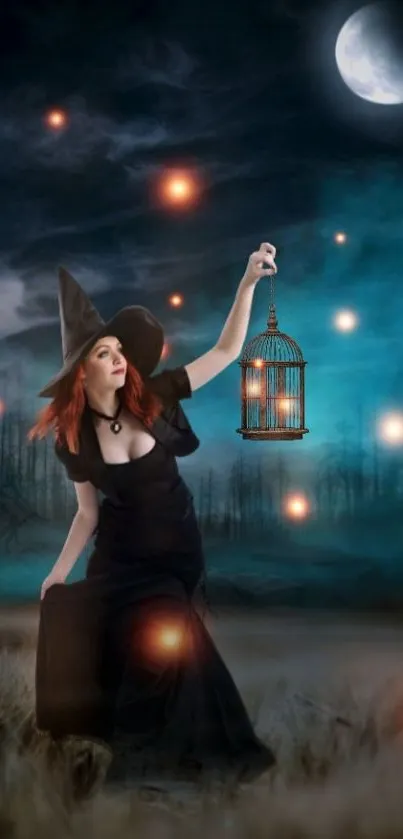 A witch under the moonlight holds a glowing lantern in a mystical forest.