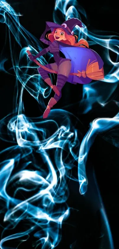 Animated witch with neon blue smoke on black background wallpaper.