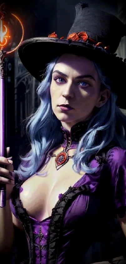 Mystical witch in purple holding a glowing staff.