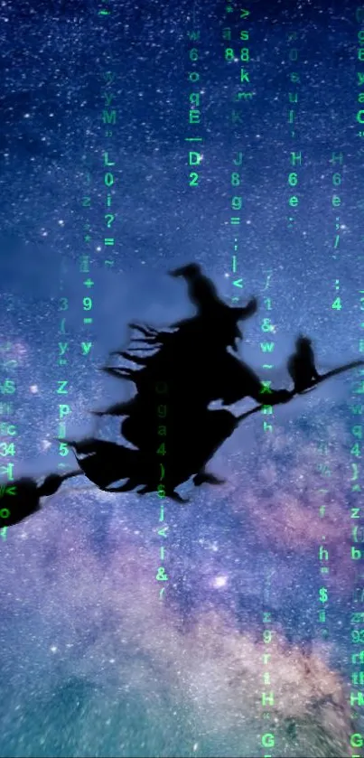 Silhouette of a witch flying with digital text over a starry galaxy background.