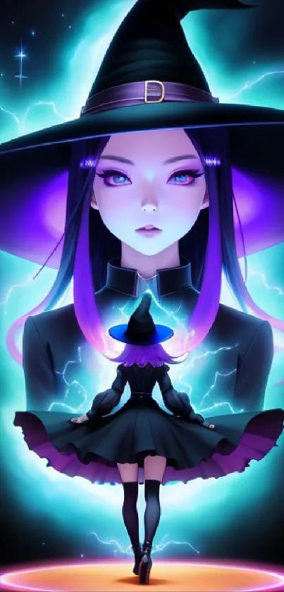 Purple haired witch with glowing aura.