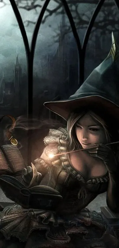 Mystical witch reading a spell book in a gothic setting with dark tones.