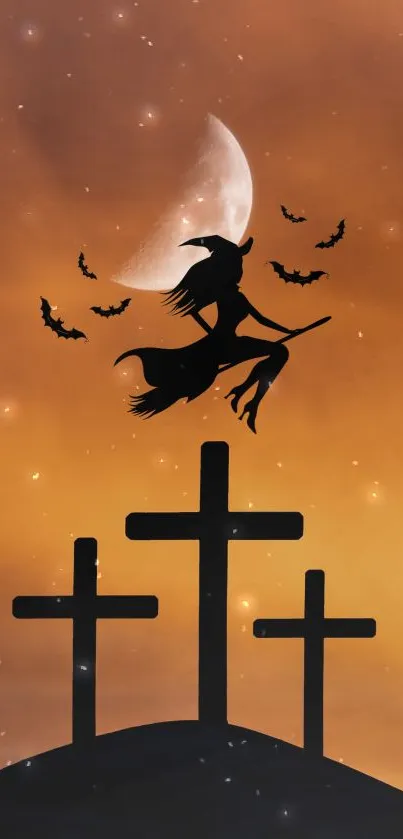 Witch flying over crosses with bats in orange moonlit sky.