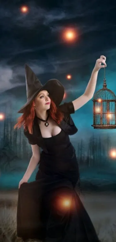 Mystical witch holding a lantern in a dark, magical forest under the moonlight.