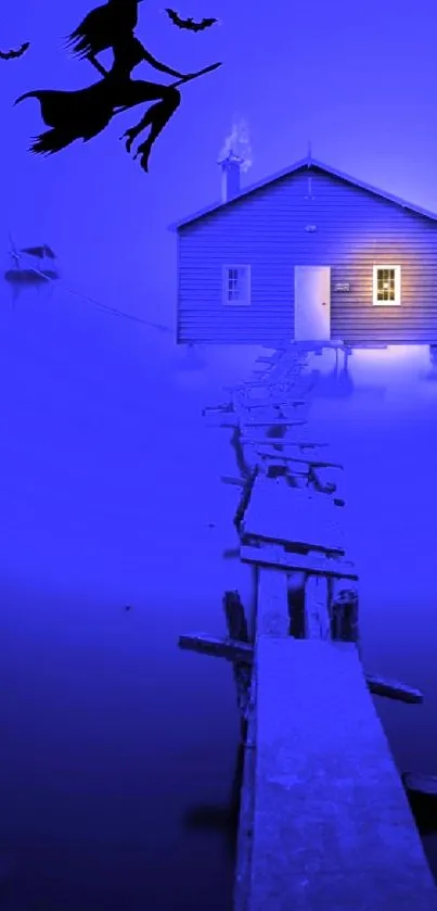 Mystical witch flying over a lake house at night.