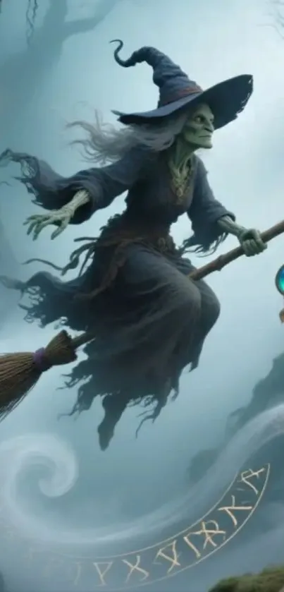 Mystical witch flying on a broomstick in a magical realm.