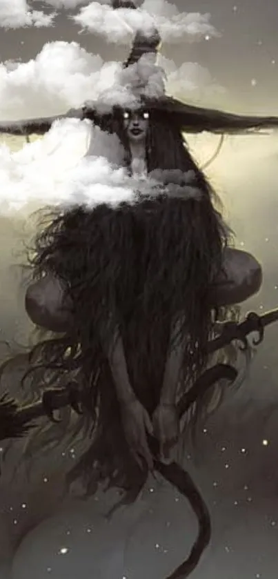 Mystical witch on broomstick amidst clouds, on a grey misty background.