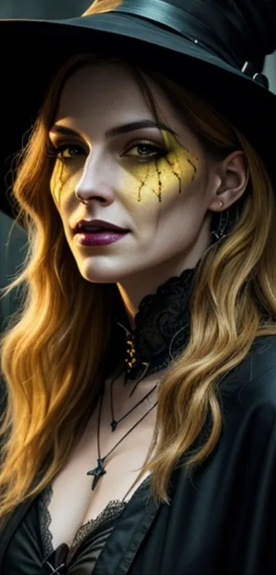 Mystical witch with golden makeup in dark forest setting.