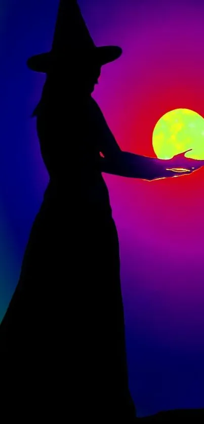 Silhouette of a witch with a glowing orb on a colorful gradient background.