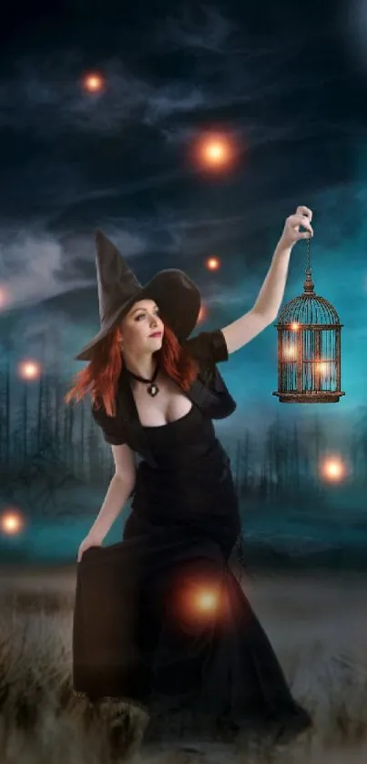 A witch with a hat holds a cage under the moonlight in a dark forest.