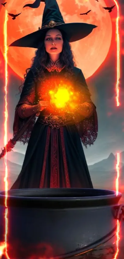 Witch holding glowing orb in front of fiery red moon.