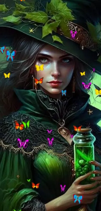 Mystical witch with butterflies and green potion.