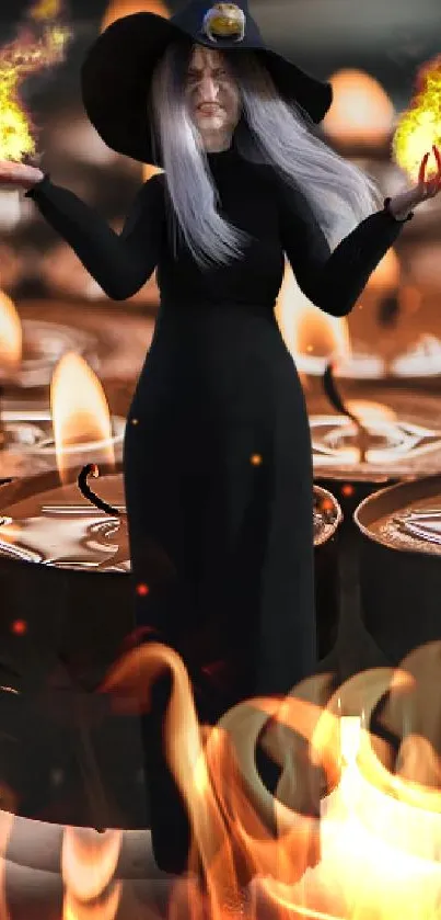 Mystical witch with glowing candles in a dark ambiance.