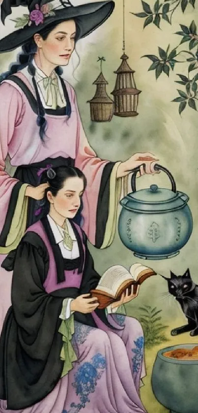 A mystical scene with witches, a black cat, and a floral background.