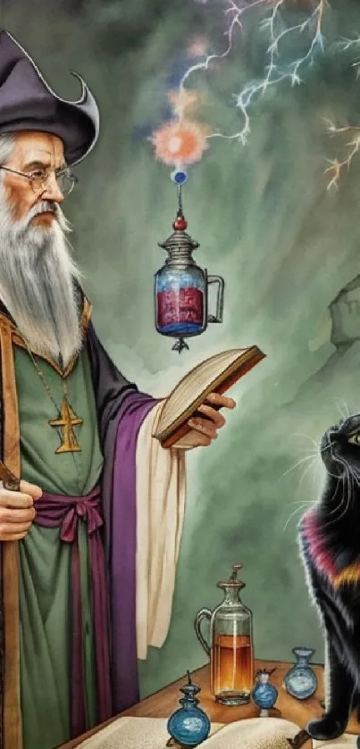 Wizard with cat and glowing potion in a mystical setting wallpaper.