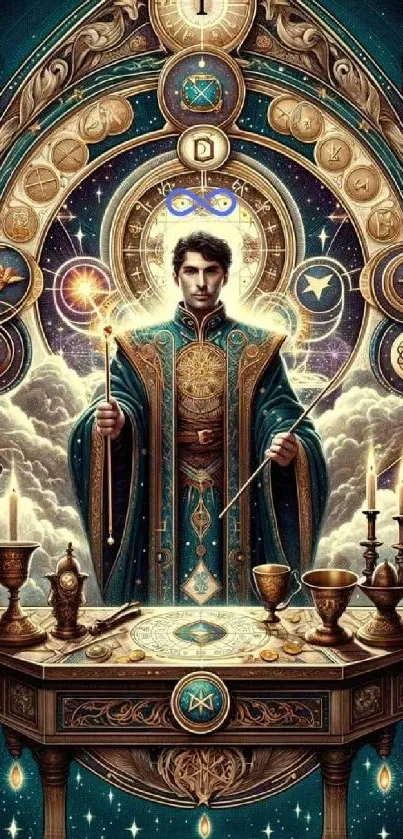 Mystical wizard in celestial setting with magical symbols and artifacts.