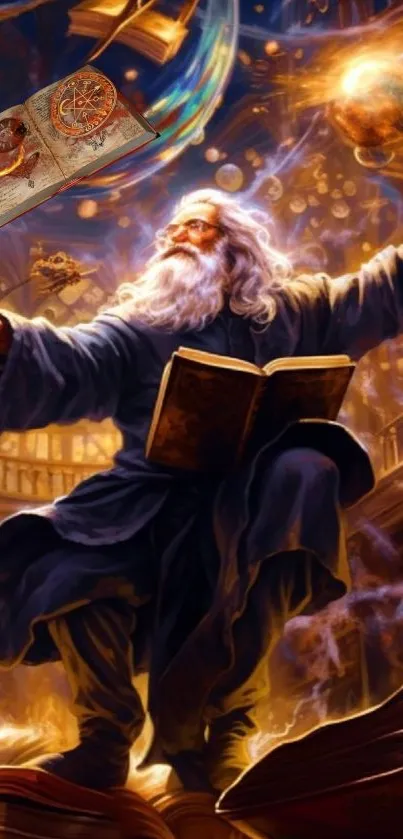 A mystical wizard in a cosmic library, surrounded by magical books.