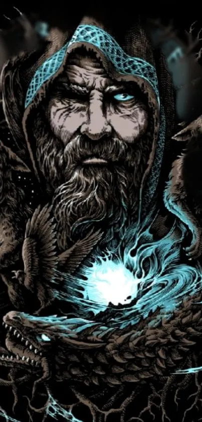 Wizened character with blue glowing aura and creatures on a dark background.