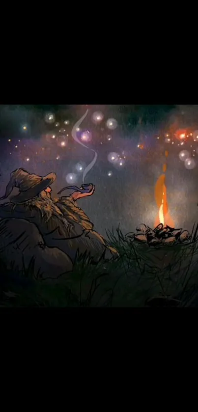 Wizard sitting by a campfire with magical orbs floating above.