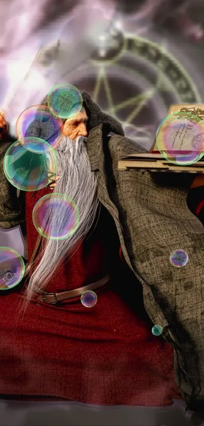 A mystical wizard casting spells amidst colorful bubbles and magical elements.