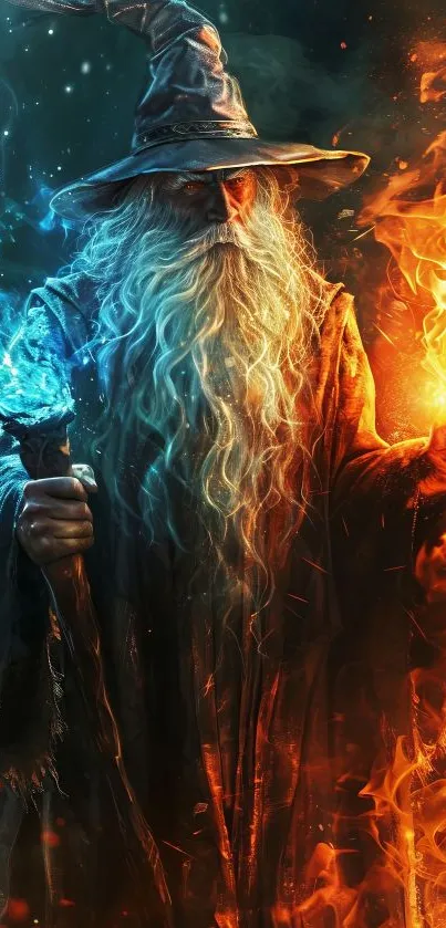 A mystical wizard controlling fire and ice in a vibrant fantasy scene.