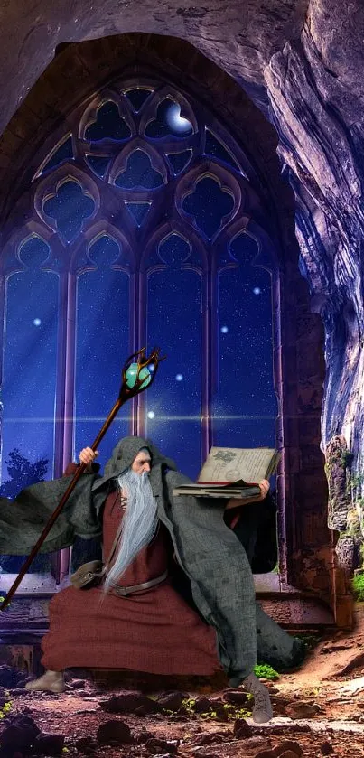 A wizard casting spells in a moonlit cave with a gothic window.