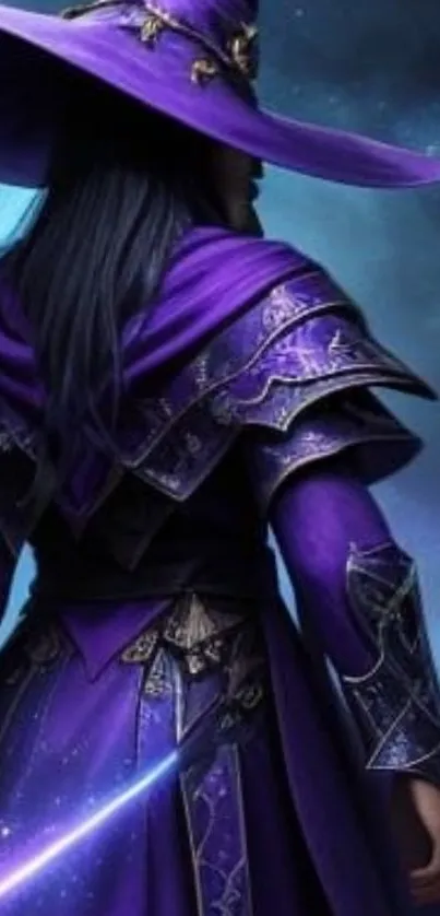 Wizard in purple robe with cosmic background