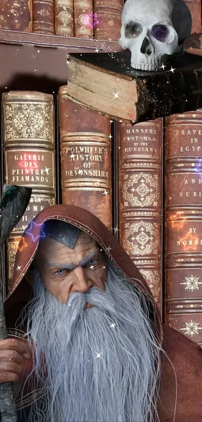 Wizard and skull with ancient books background.