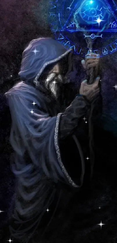 Hooded wizard casts glowing magical spell.