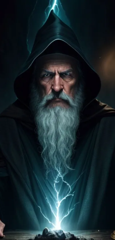 Wizard with lightning and candle casting a spell in dark hooded cloak.