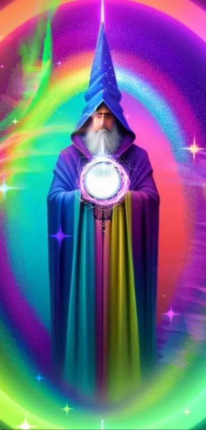 Vibrant wizard with a magical rainbow aura holding a crystal orb.