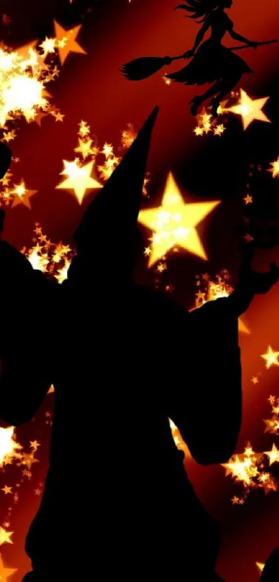Silhouette of a wizard with stars and magic.