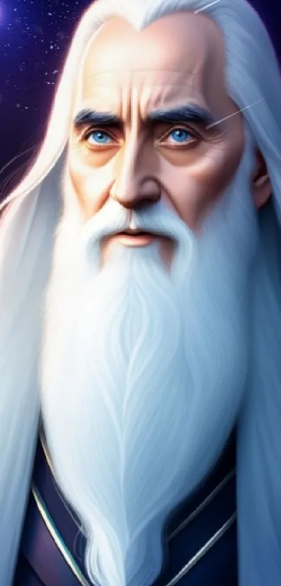 Mystical wizard with white hair against a celestial backdrop.