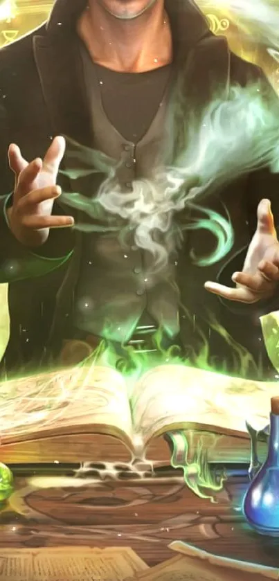 Mystical wizard with magical potions and green smoke.