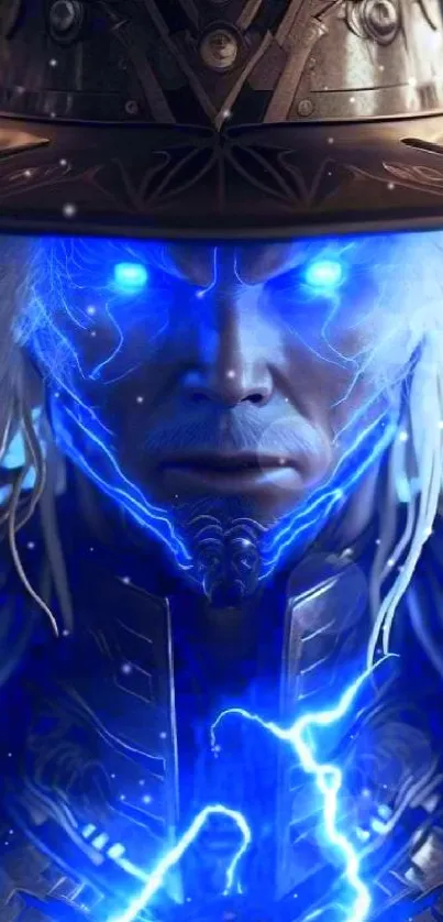 A mystical wizard surrounded by blue lightning, wearing a hat and ornate armor.